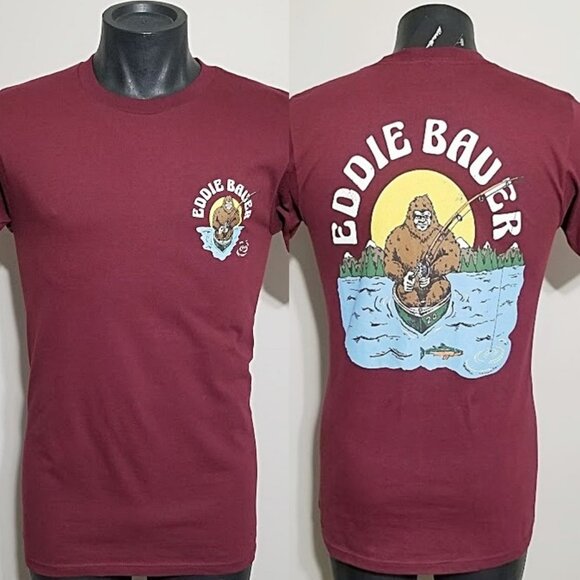 NWT Eddie Bauer MR. EB. Graphic Tee S Burgundy Bigfoot Sasquatch Fishing T Shirt - Picture 1 of 11